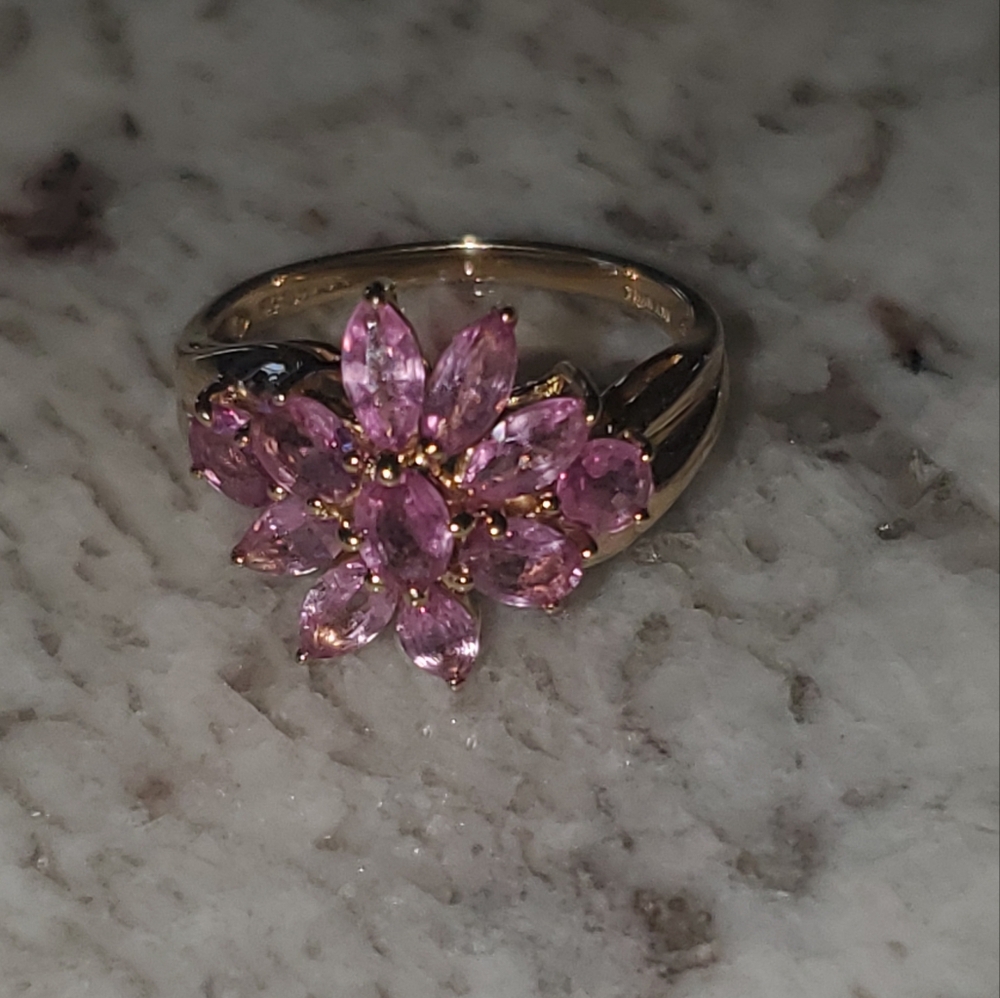 14k  Yellow Gold Pink Sapphire Marquis Cut Cluster Ring Size 6 - Picture 6 of 14